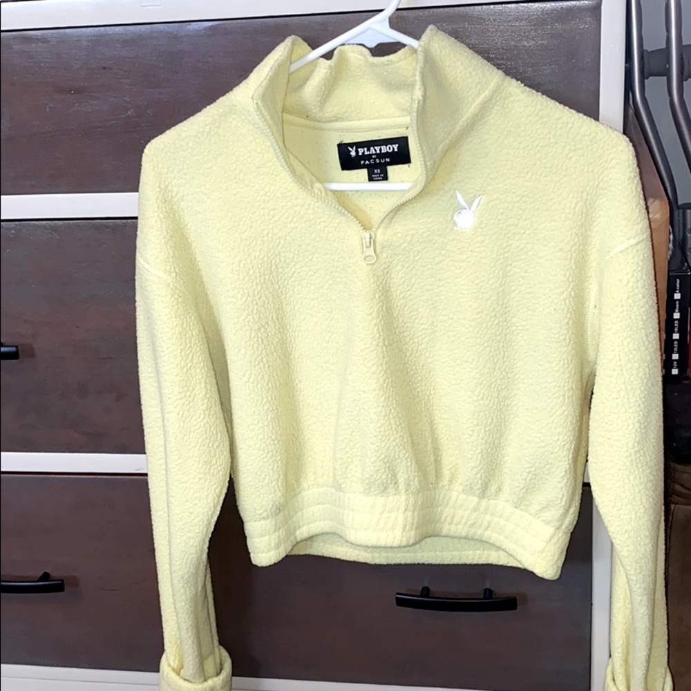 Pastel yellow cropped playboy bunny quarter zip